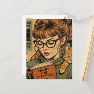 Carte Postale Belle Dame et son Chat en Lecture