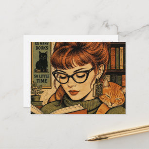 Carte Postale Belle Dame et son Chat en Lecture