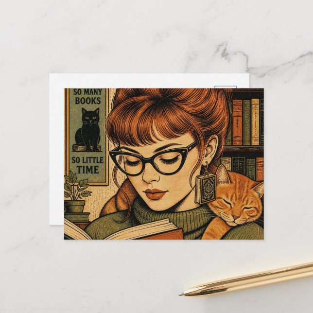 Carte Postale Belle Dame et son Chat en Lecture (Devant/Arrière en situation)