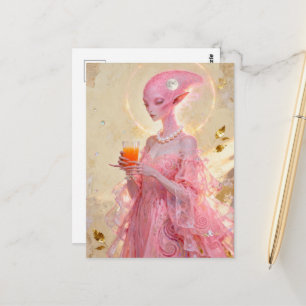 Carte Postale Belle dame extraterrestre rose avec du jus d'orang