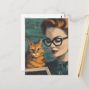 Carte Postale Belle Dame Vintage et son Chat en Lecture