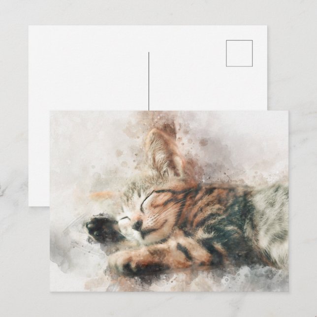 Carte Postale Belle et mignonne chaton couchage aquarelle (Devant / Derrière)