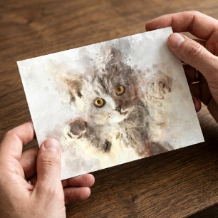 Carte Postale Belle et mignonne chatte joueuse aquarelle