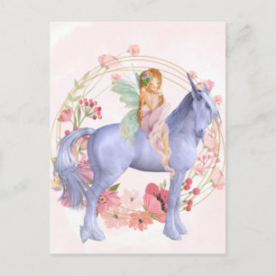 Carte Postale Belle Fée de fleurs roses et licorne