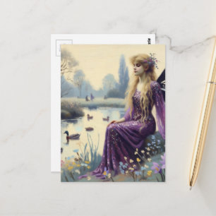 Carte Postale Belle Fée en Robe Violette au bassin aux canards