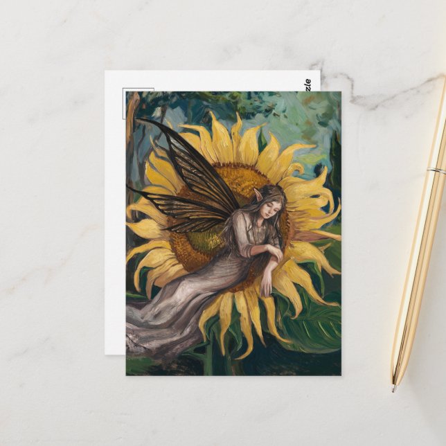 Carte Postale Belle fée endormie sur tournesol (Devant/Arrière en situation)