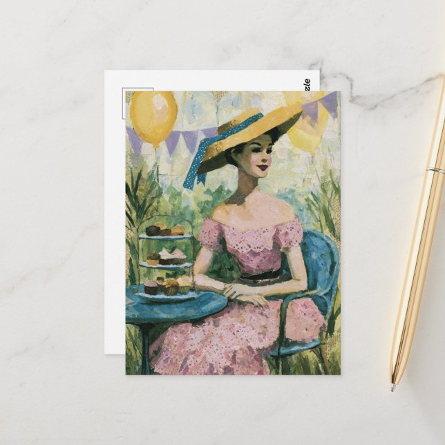 Carte Postale Belle femme à la table de fête des cupcakes Collag (Devant/Arrière en situation)