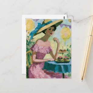 Carte Postale Belle femme à la table de fête des cupcakes Collag