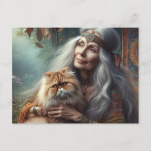 Carte Postale Belle femme âgée tenant son chat avec amour.