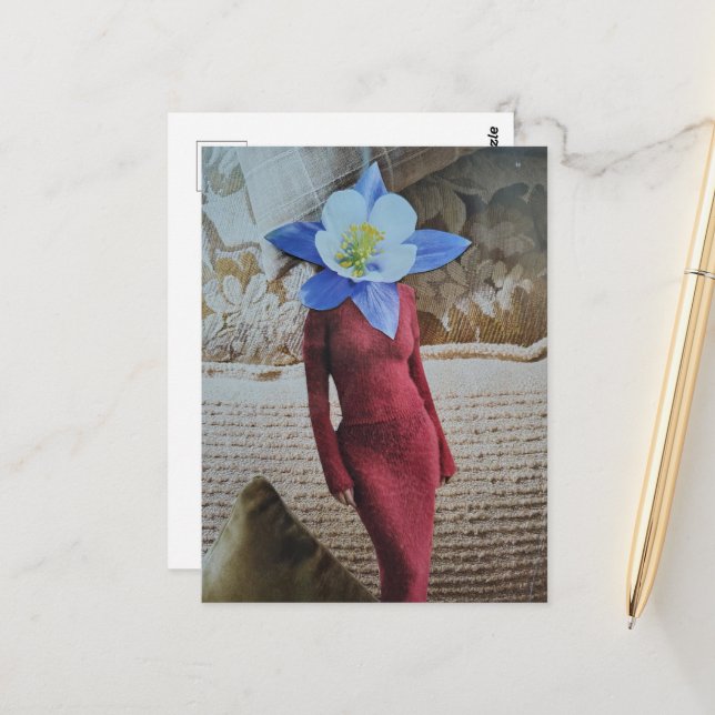 Carte Postale Belle femme avec collage de tête de fleur (Devant/Arrière en situation)