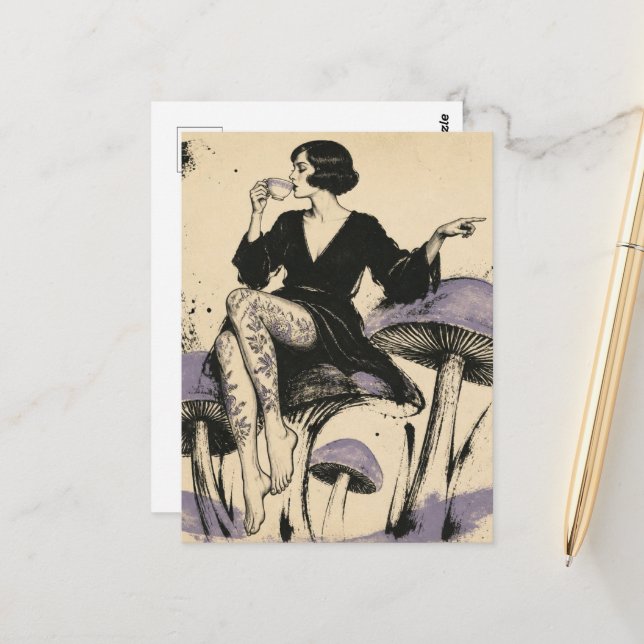 Carte Postale Belle Femme Boit du Thé (Devant/Arrière en situation)