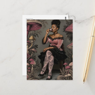 Carte Postale Belle Femme Boit du Thé Champignons Roses