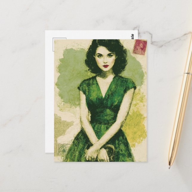 Carte Postale Belle Femme en Robe Verte (Devant/Arrière en situation)