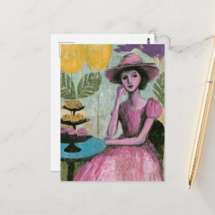 Carte Postale Belle femme en rose à la table des Cupcakes
