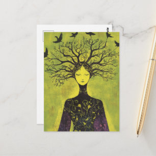 Carte Postale Belle femme en violet de la forêt et oiseaux 