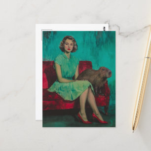 Carte Postale Belle Femme et Capybara sur le canapé