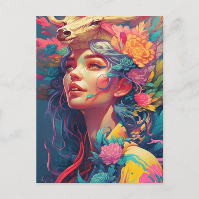 Carte Postale Belle femme et fleurs  (Devant)