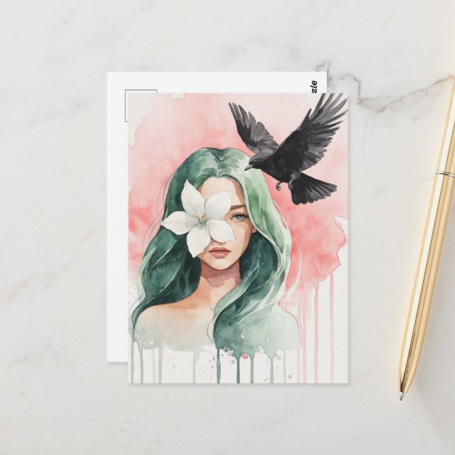 Carte Postale Belle Femme et Oiseau Noir (Devant/Arrière en situation)
