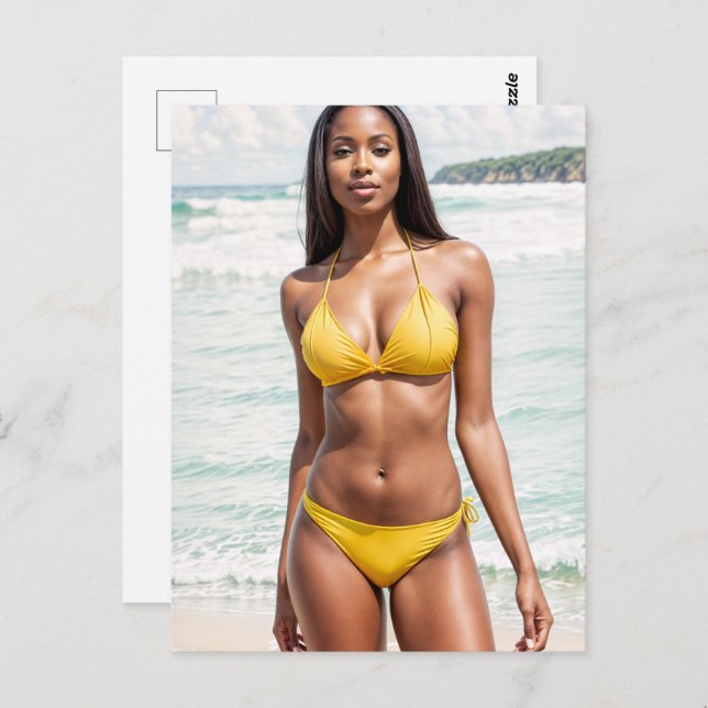 Carte Postale Belle Femme Noire En Bikini Jaune (Devant / Derrière)