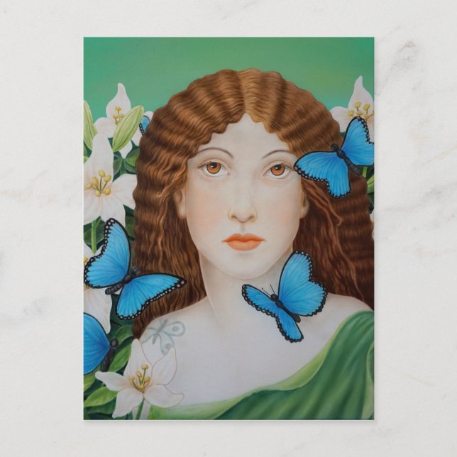 Carte Postale Belle femme visage avec papillon et fleurs (Devant)