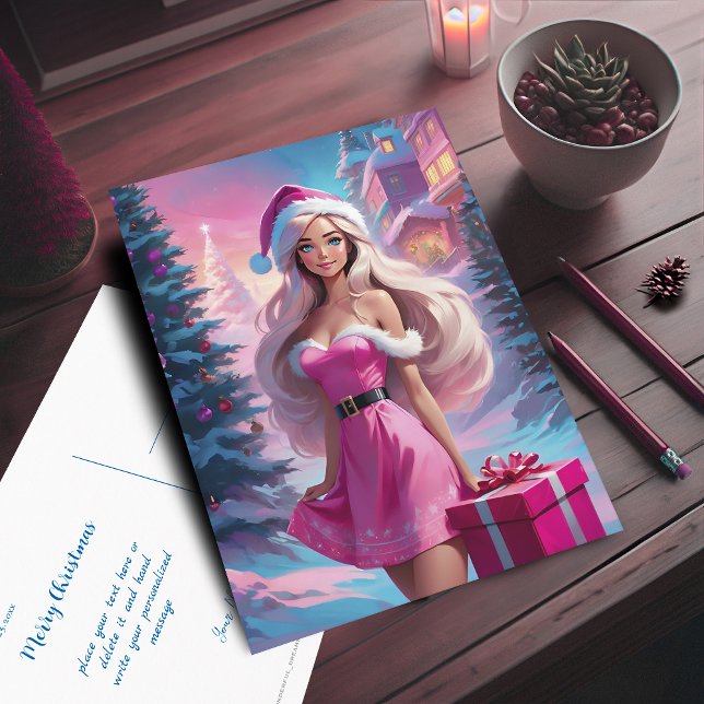 Carte Postale Belle fille de Noël rose 01 (Beautiful Pink Christmas Girl Postcard. Customizable with your text.)