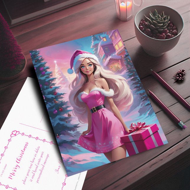 Carte Postale Belle fille de Noël rose 01 (Beautiful Pink Christmas Girl Postcard. Customizable with your text.)