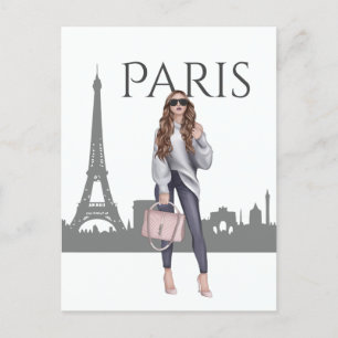 Carte Postale Belle fille tendance à Paris avec la Tour Eiffel