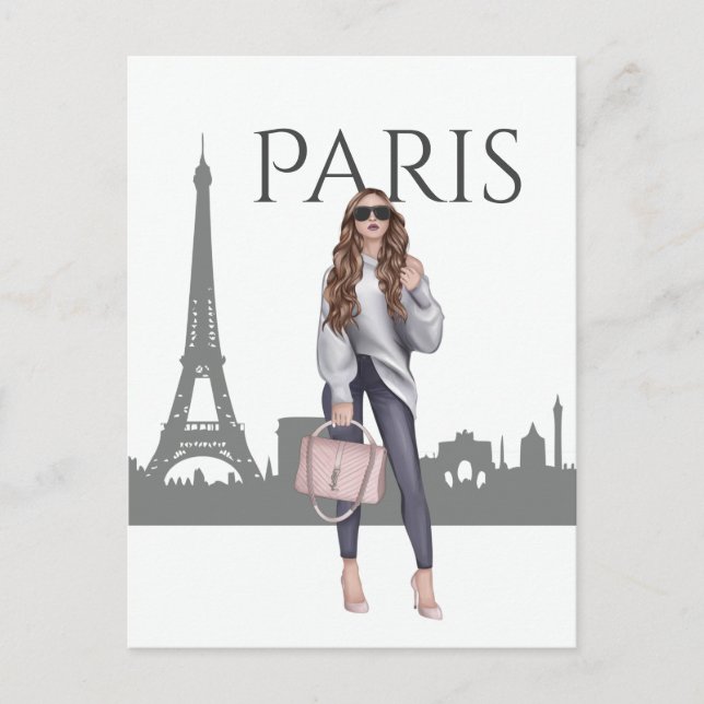 Carte Postale Belle fille tendance à Paris avec la Tour Eiffel (Devant)