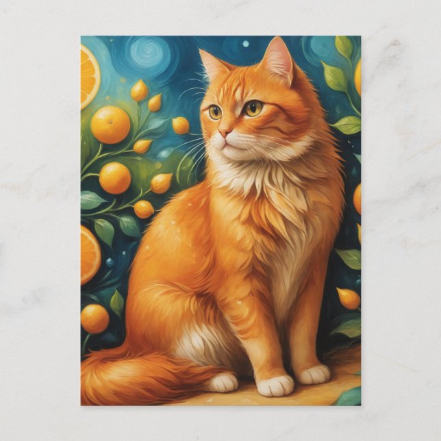 Carte Postale Belle Ginger Cat dans une Orange Grove (Devant)