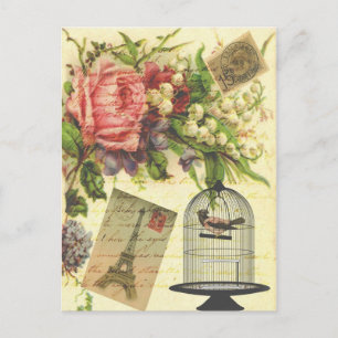 Carte Postale Belle girly vintage rose fleurs Tour Eiffel