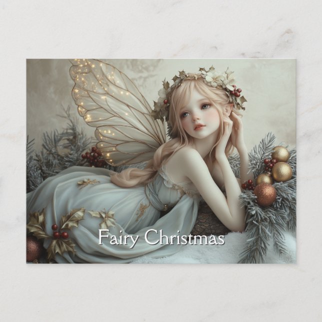 Carte Postale Belle Jeune Fée de Noël Ailes d'Or (Devant)