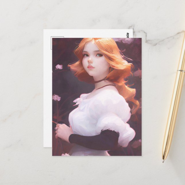 Carte Postale Belle Jeune Fille Parmi Les Fleurs Roses Portrait (Devant/Arrière en situation)