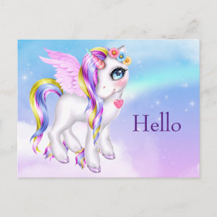 Carte Postale Belle licorne avec Rainbow Mane & Tail Bonjour