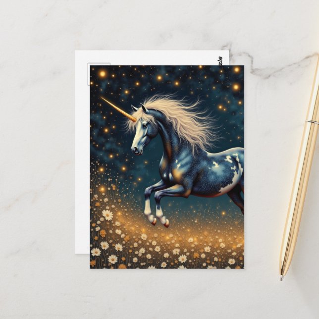 Carte Postale Belle licorne dans le pré  (Devant/Arrière en situation)