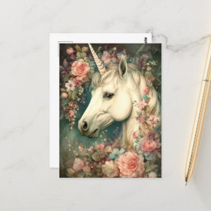 Carte Postale Belle licorne et fleurs