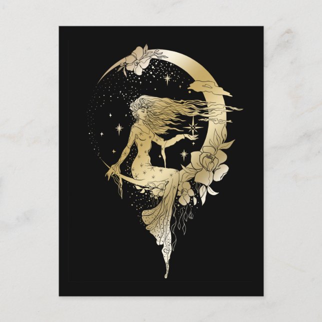 Carte Postale Belle lune étoiles femme art déco illustration (Devant)