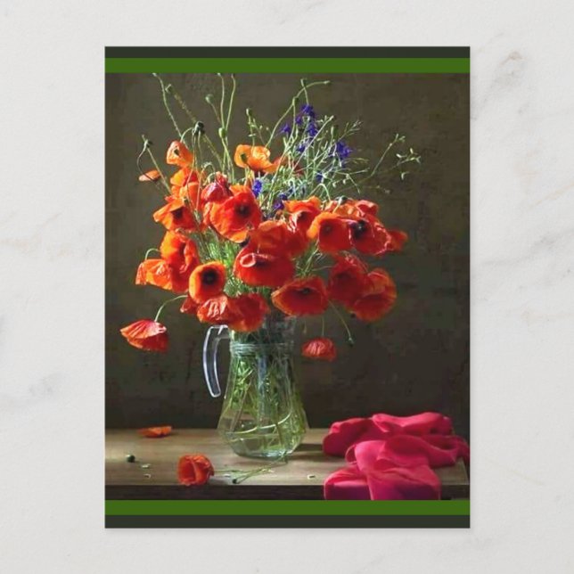 Carte Postale Belle nature morte pichet de fleurs rouges (Devant)