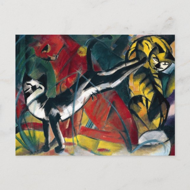 Carte Postale Belle peinture à l'huile antique trois chats (Devant)