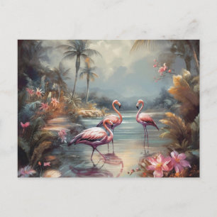 Carte Postale belle peinture vintage flamants roses