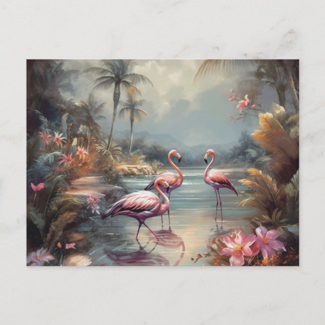 Carte Postale belle peinture vintage flamants roses (Devant)