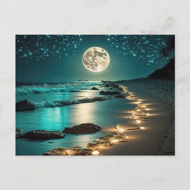 Carte Postale Belle Pleine lune Plage Océan étoile Nuit (Devant)