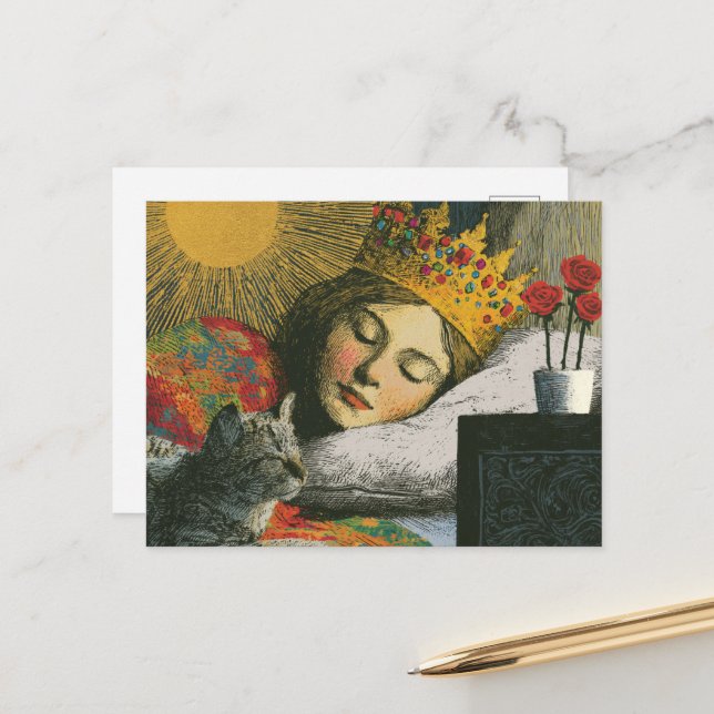 Carte Postale Belle Reine Endormie et son Chat (Devant/Arrière en situation)