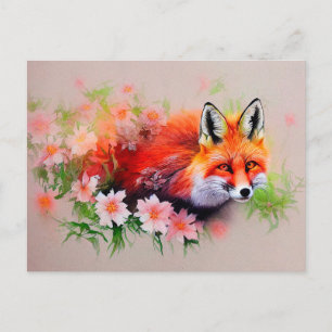 Carte Postale Belle Renard en Fleurs Aquarelle