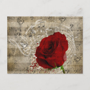 Carte Postale Belle rose rouge notes piano tourbillonné