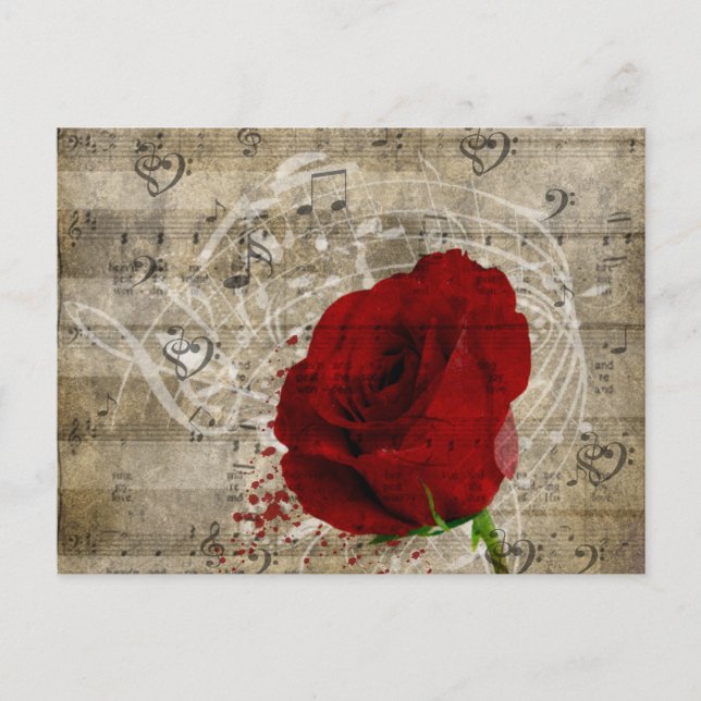 Carte Postale Belle rose rouge notes piano tourbillonné (Devant)