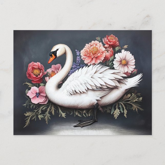 Carte Postale Belle Swan Vintage Fleurs Peinture (Devant)