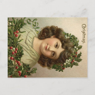 Carte Postale Belle Vielle Lithographie de Noël de Jeune Fille