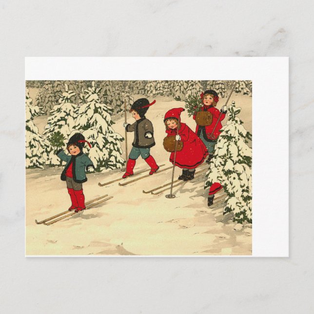 Carte Postale Belle Vintage Noël enfants ski neige (Devant)