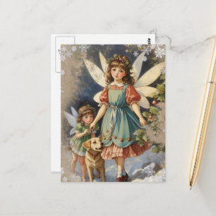 Carte Postale Belles fées de Noël vintage et un chien