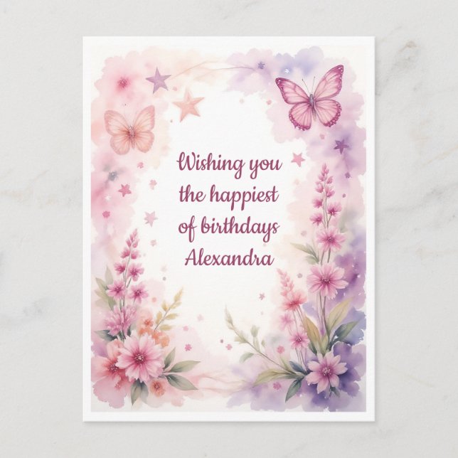 Carte Postale Belles fleurs et papillons à l'aquarelle (Devant)